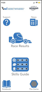 App screen with icons and text for Wheelie app on Amazon, including support, news, race results, skills guide, and more.