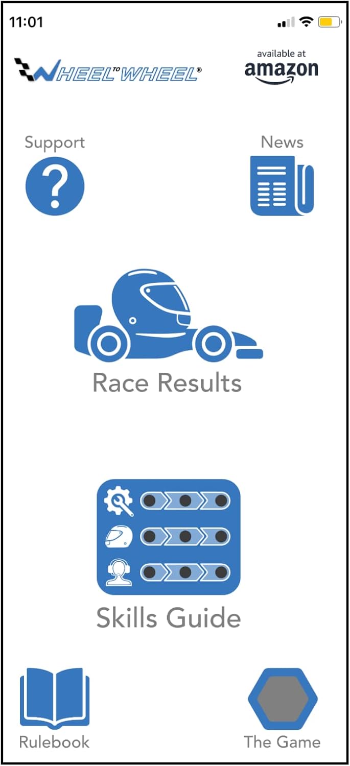 App screen with icons and text for Wheelie app on Amazon, including support, news, race results, skills guide, and more.
