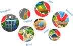 Illustrations of famous landmarks in various countries with labels.