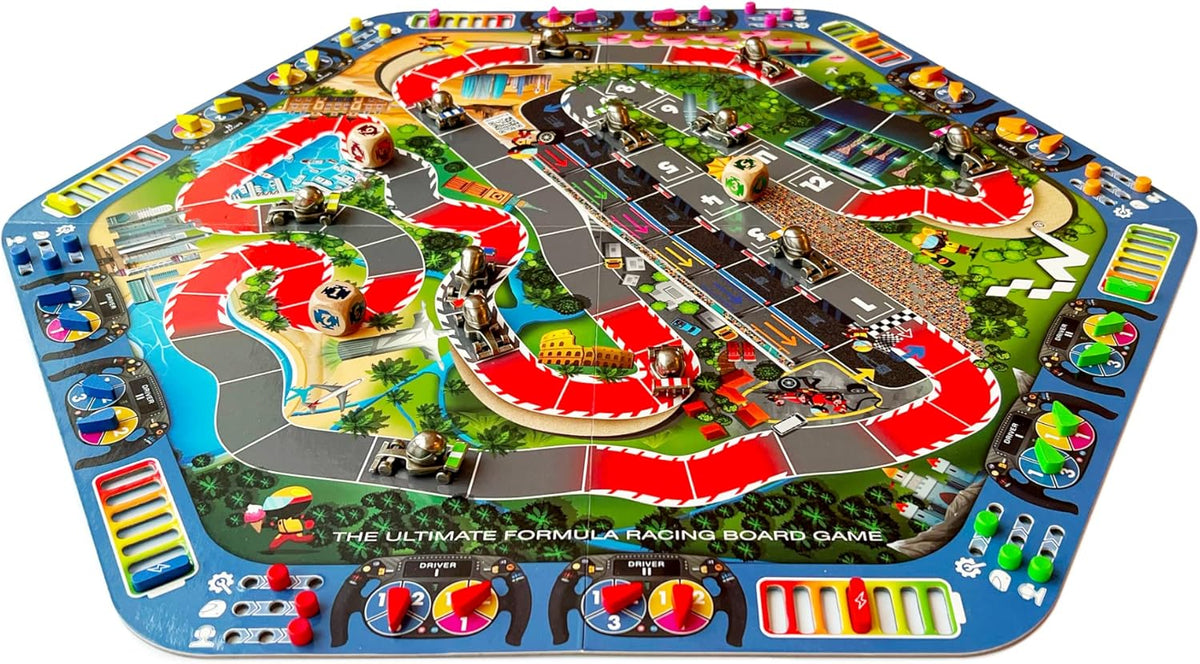 Colorful board game mat with racing tracks and car illustrations on a white background