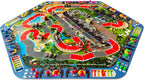 Colorful board game mat with racing tracks and car illustrations on a white background