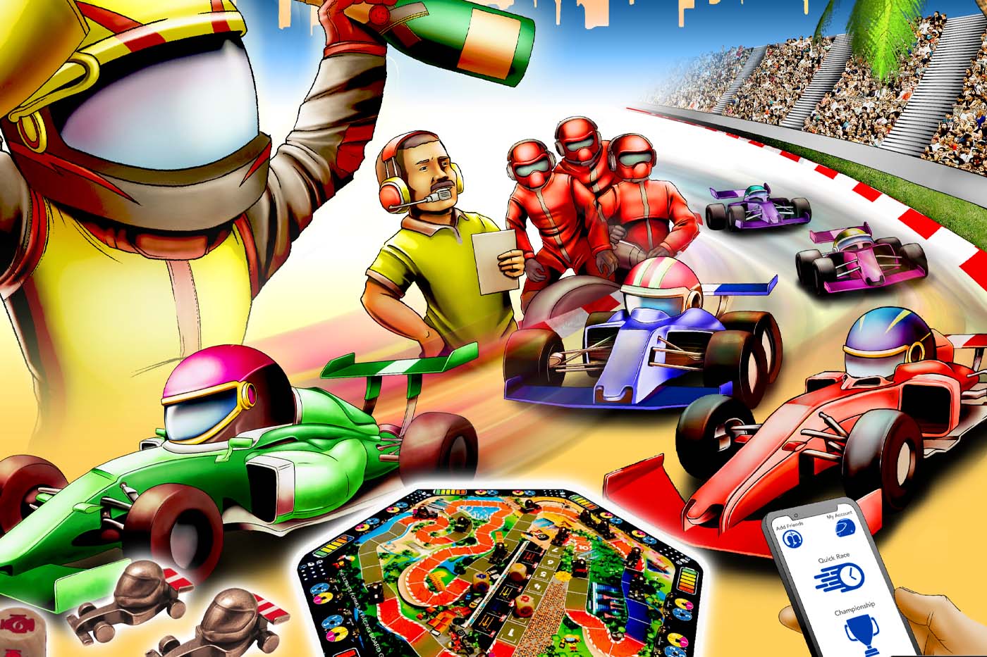 Colorful illustration of a racing game with cars, players, and a smartphone app.
